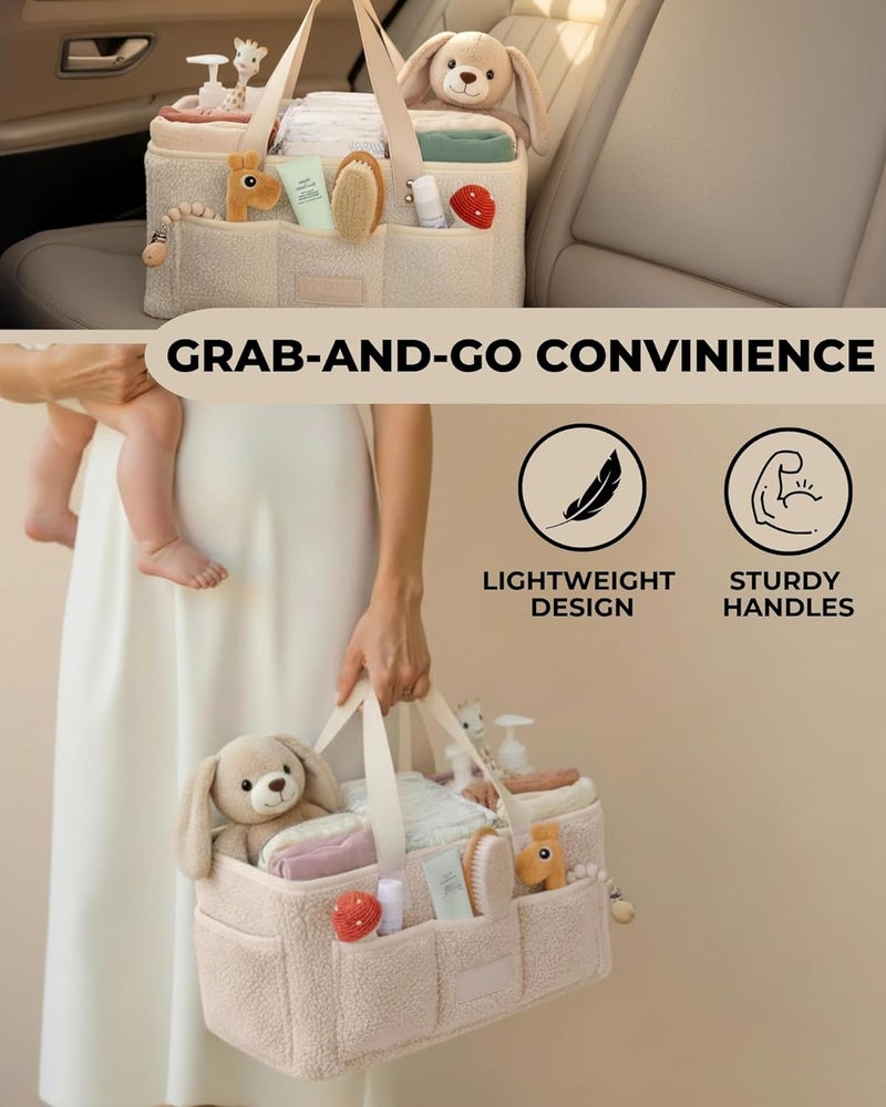 Toodly Baby Diaper Caddy Organizer with Portable Changing Mat - Teddy Fleece Diaper Organizer for Changing Table - Basket for Changing Essentials - Baby Essentials Organizer with Removable Dividers - Image 5